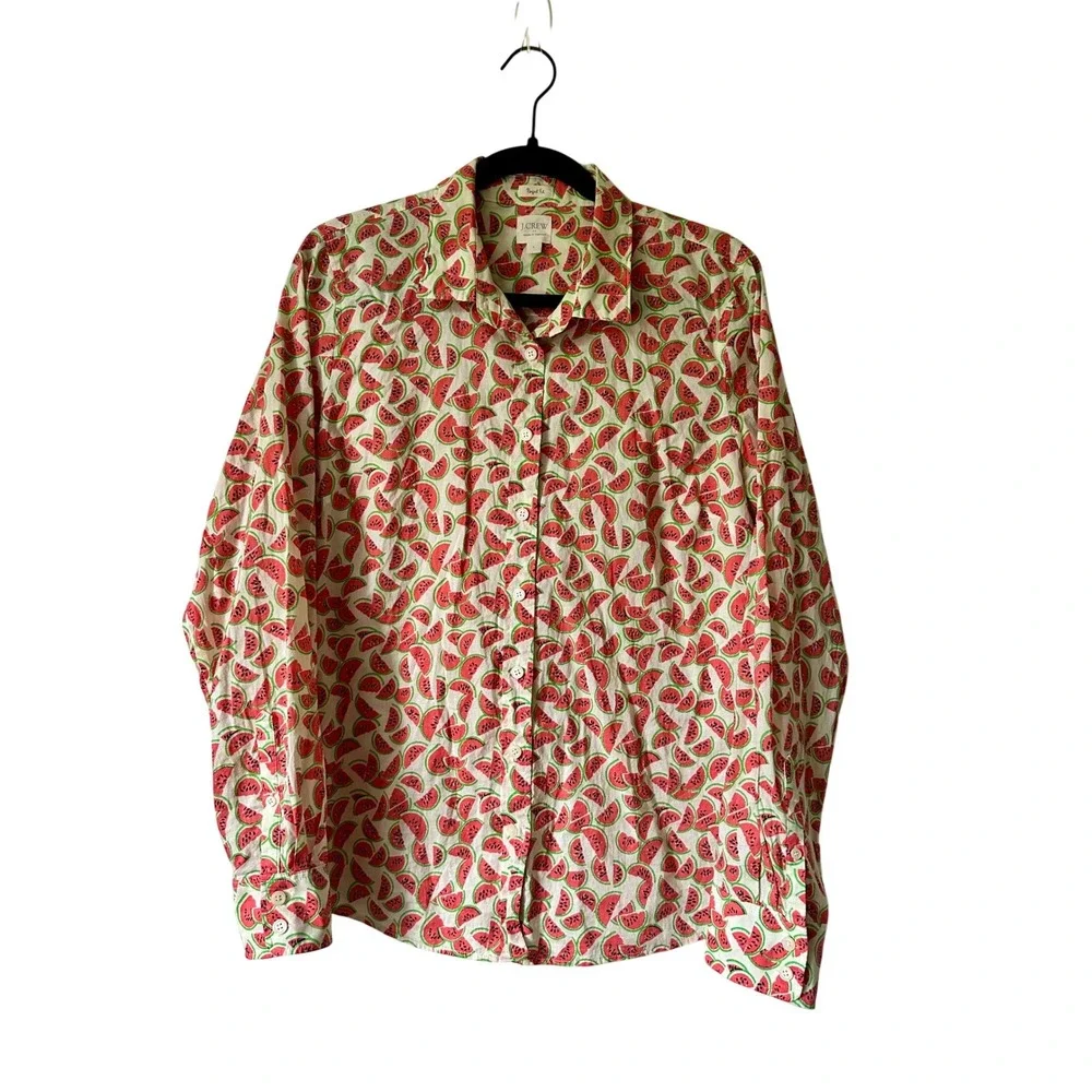 J.Crew Perfect Fit Watermelon Print Cotton Button Down Shirt White Red L 23871